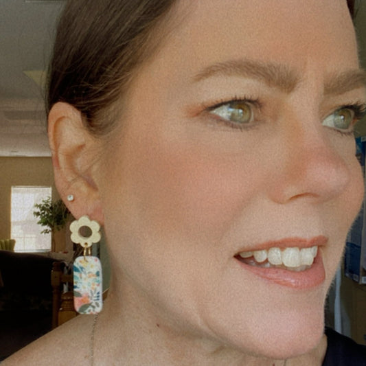 Summertime orange / yellow / blue tropical floral polymer clay dangle earrings