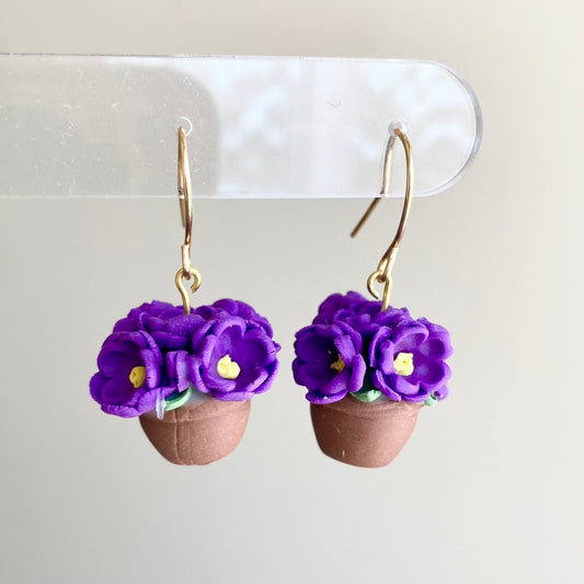 purple flower and terracotta pot polymer clay earrings with gold findings