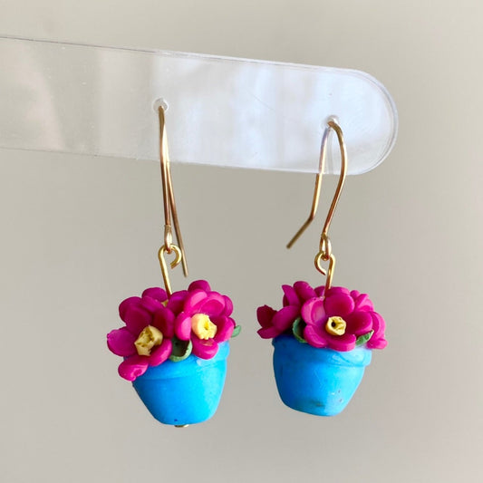 fuchsia pink and turquoise potted flower polymer clay dangle earrings