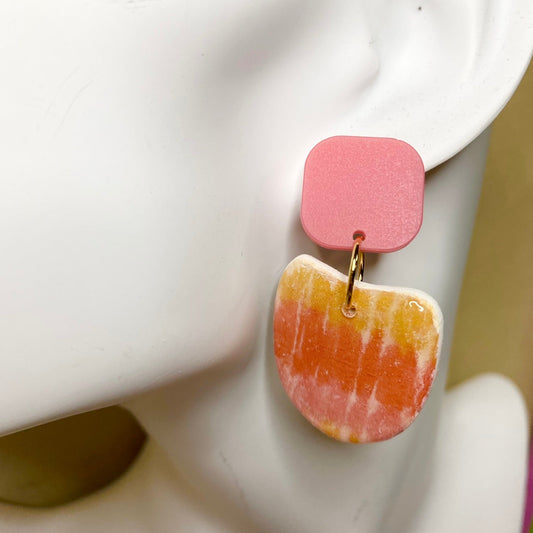 tie dye pink / orange / yellow polymer clay dangle earrings