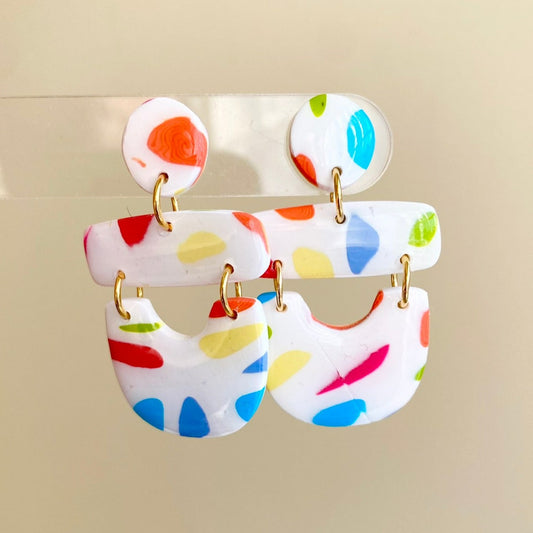 multi color playful rainbow polymer clay dangle earrings