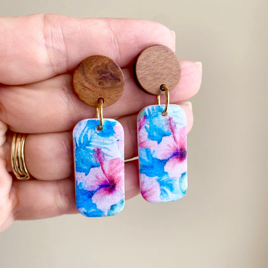 Summertime blue / pink / turquoise blue tropical floral polymer clay dangle earrings