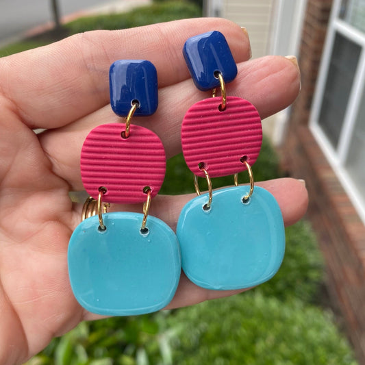 Summertime blue / pink / turquoise blue polymer clay dangle earrings