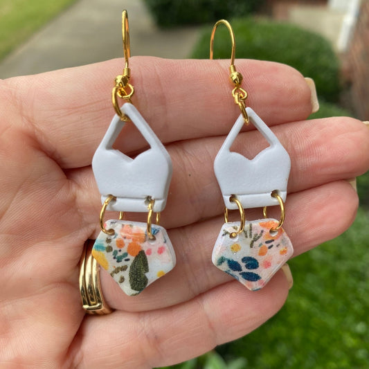 Summertime swimsuit orange / yellow / blue tropical floral polymer clay dangle earrings