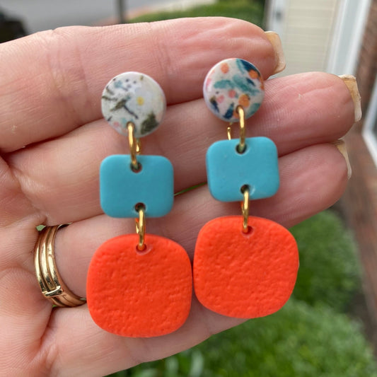 orange / yellow / blue tropical floral polymer clay dangle earrings