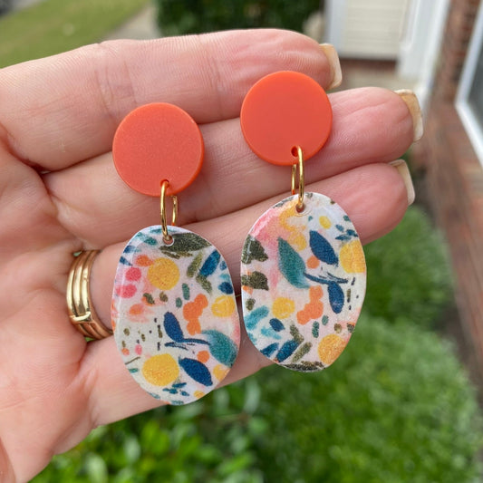 orange / yellow / blue tropical floral polymer clay dangle earrings