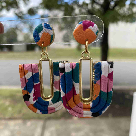 Color Pop U-Loop polymer clay earrings on card – handmade in Charlotte NC