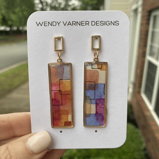 Framed abstract watercolor earrings on Wendy Varner Designs earring card