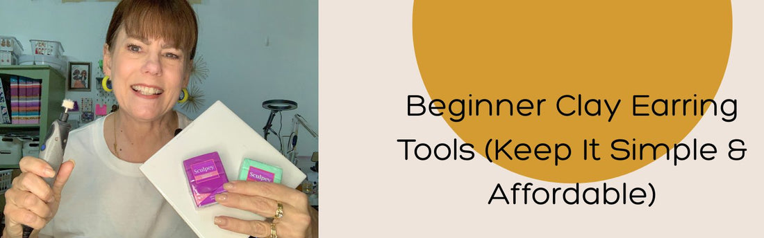 Woman holding clay earring tools with text about beginner clay earring tools.