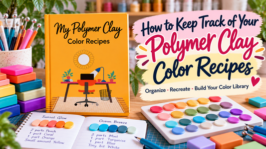 My Polymer Clay Color Recipes notebook displayed with colorful polymer clay samples and color-mixing tools in a bright craft workspace.