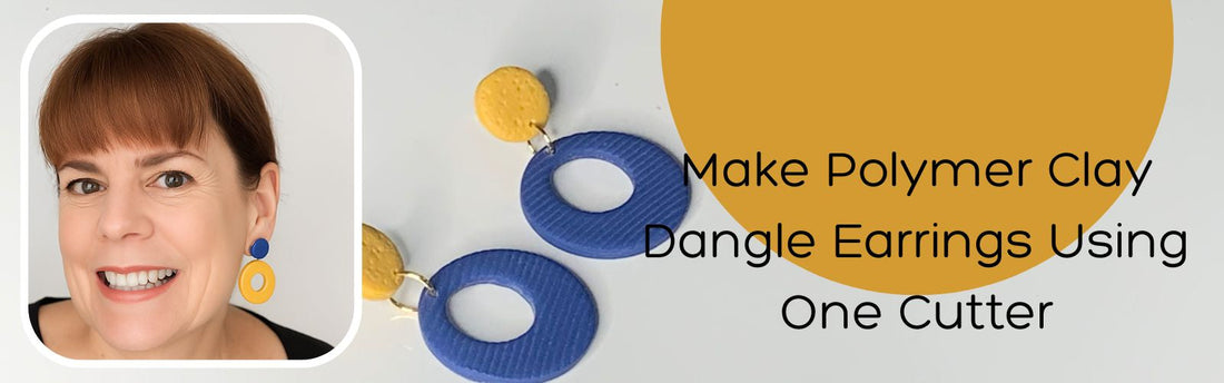 Finished mustard and navy polymer clay earrings made using one cutter