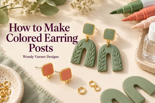 Sage polymer clay earrings with matching gold-edged colored posts, coral studs, and acrylic markers beneath the tutorial title.