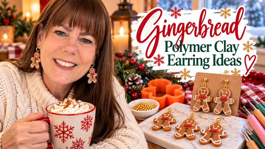 Gingerbread polymer clay earring inspiration featuring gingerbread-shaped earrings in a cozy holiday setting.
