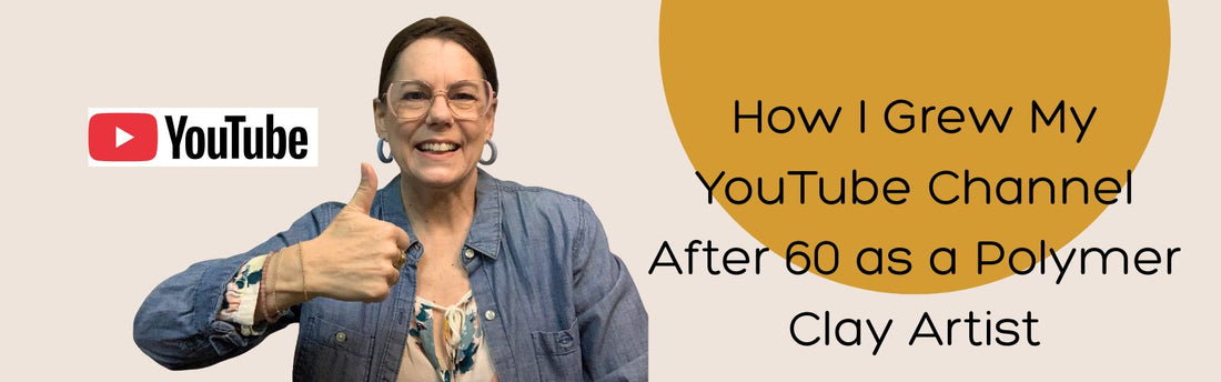 Polymer clay artist over 60 with a thumbs up sign about YouTube