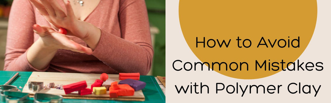 Flat lay of polymer clay tools, cutters, and colorful clay earrings next to printable beginner mistakes guide