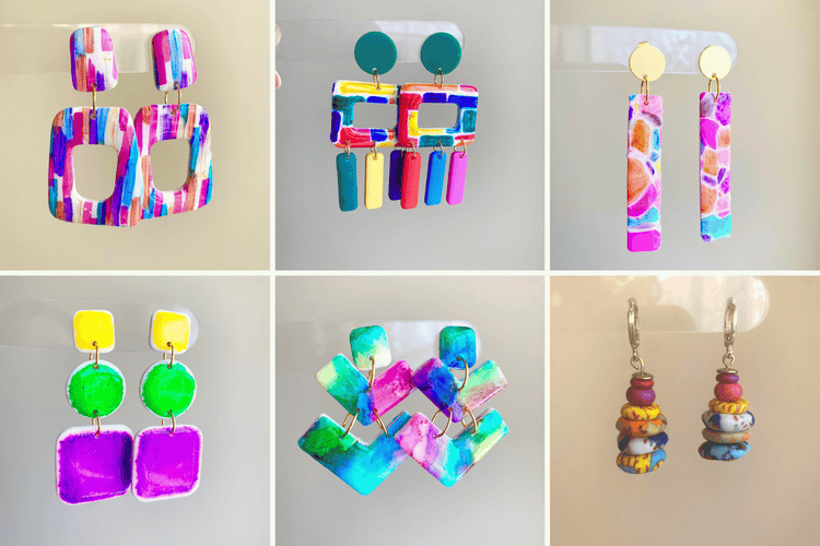 Colorful handcrafted polymer clay earrings from The Brush Stroke collection displayed on a neutral background