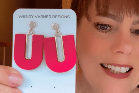  Handmade polymer clay dangle earrings in various colors and styles displayed on neutral background – Wendy Varner Designs, Charlotte NC