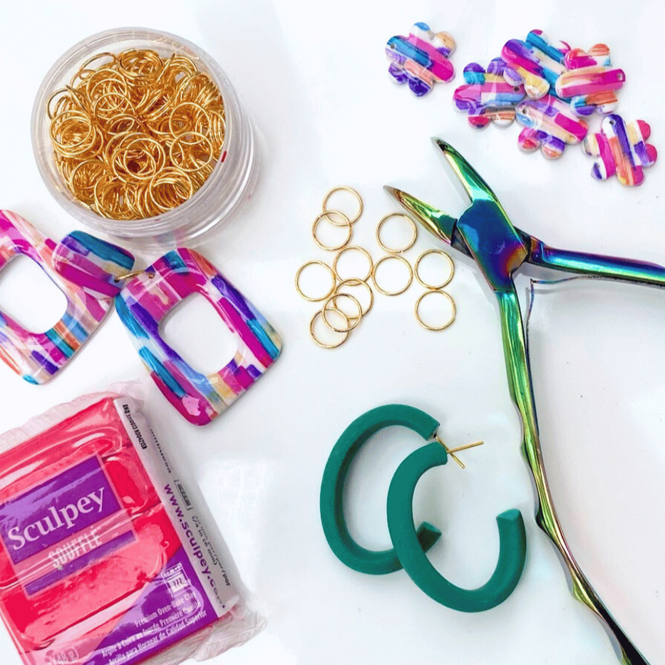 Flat lay of polymer clay earring components and jewelry-making tools, representing hands-on earring workshops by Wendy Varner Designs in Charlotte North Carolina
