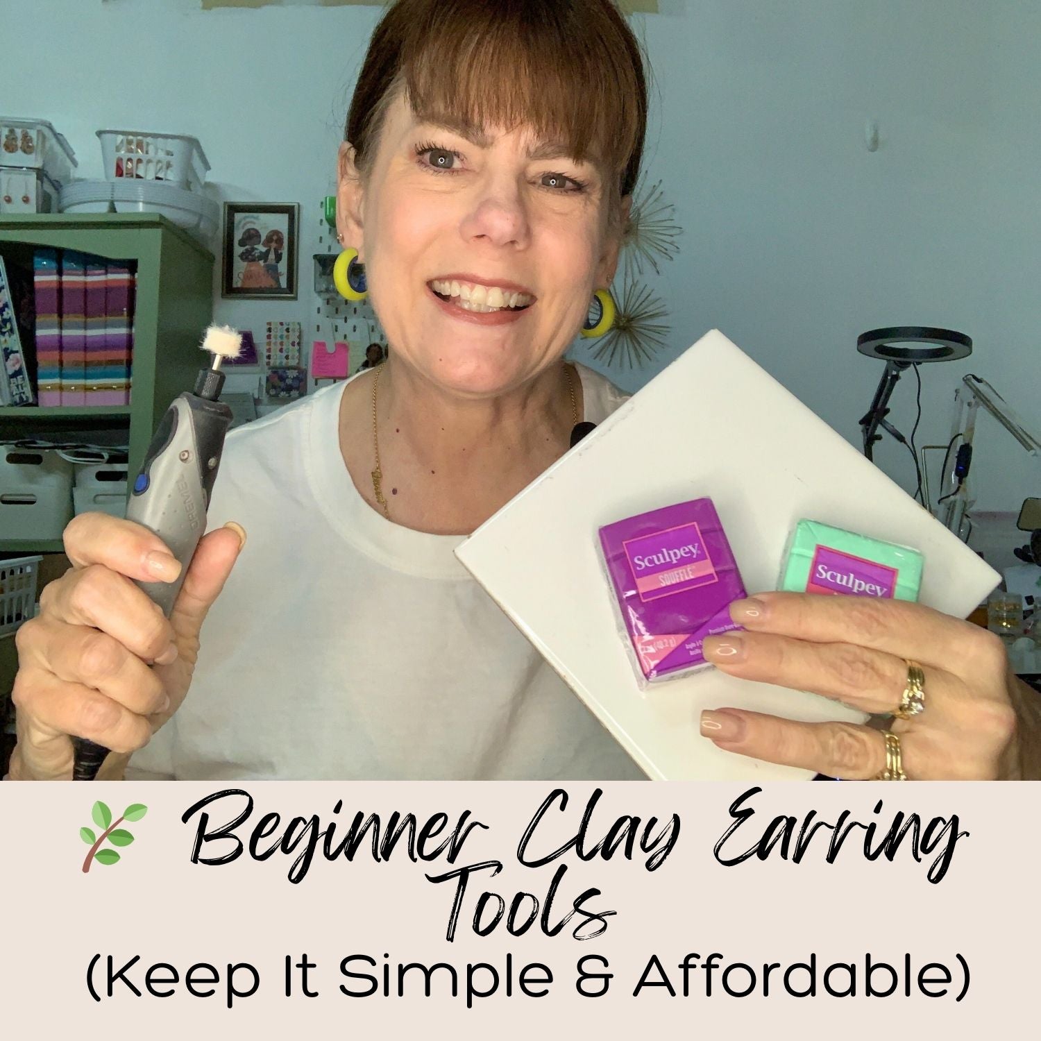 Woman holding clay earring tools and packaging with text 'Beginner Clay Earring Tools (Keep It Simple & Affordable)'