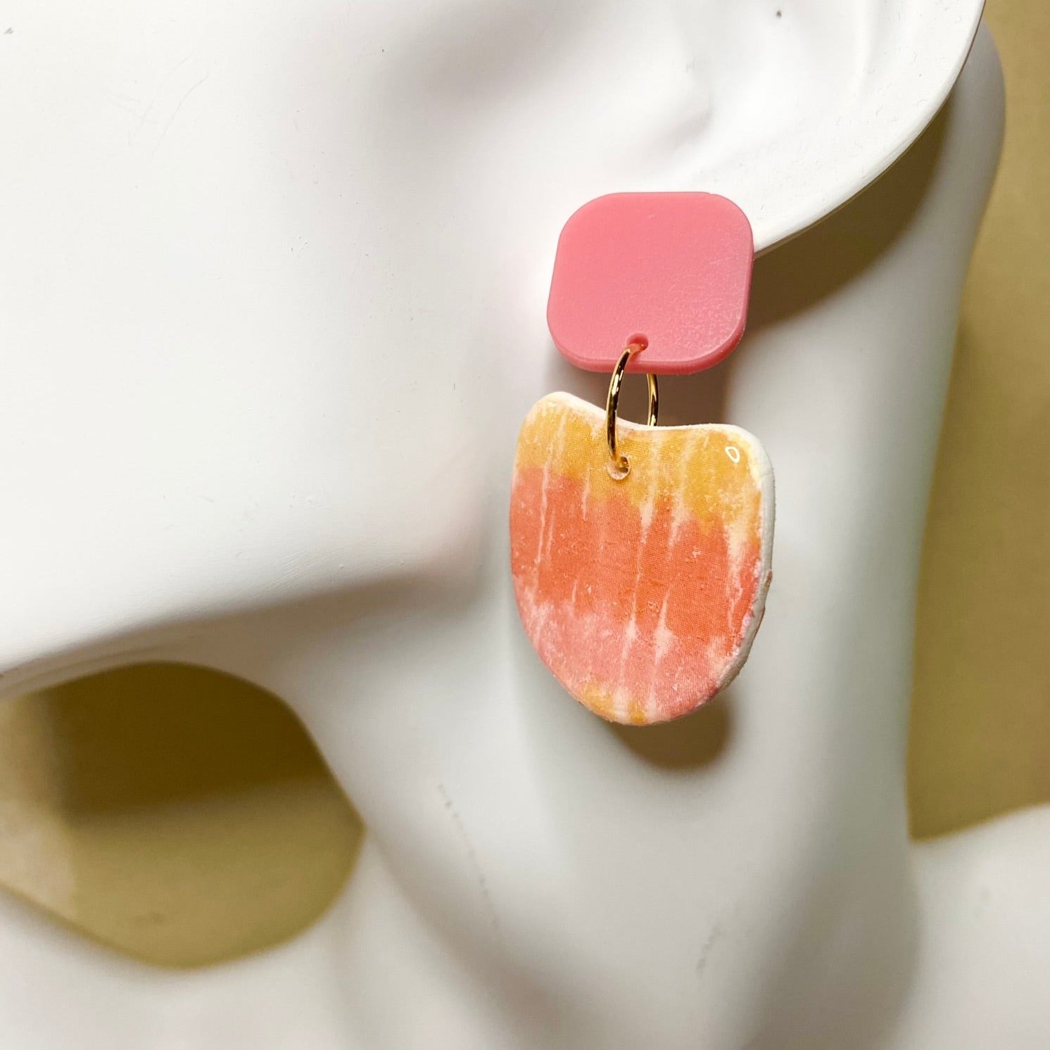  tie dye pink / orange / yellow polymer clay dangle earrings