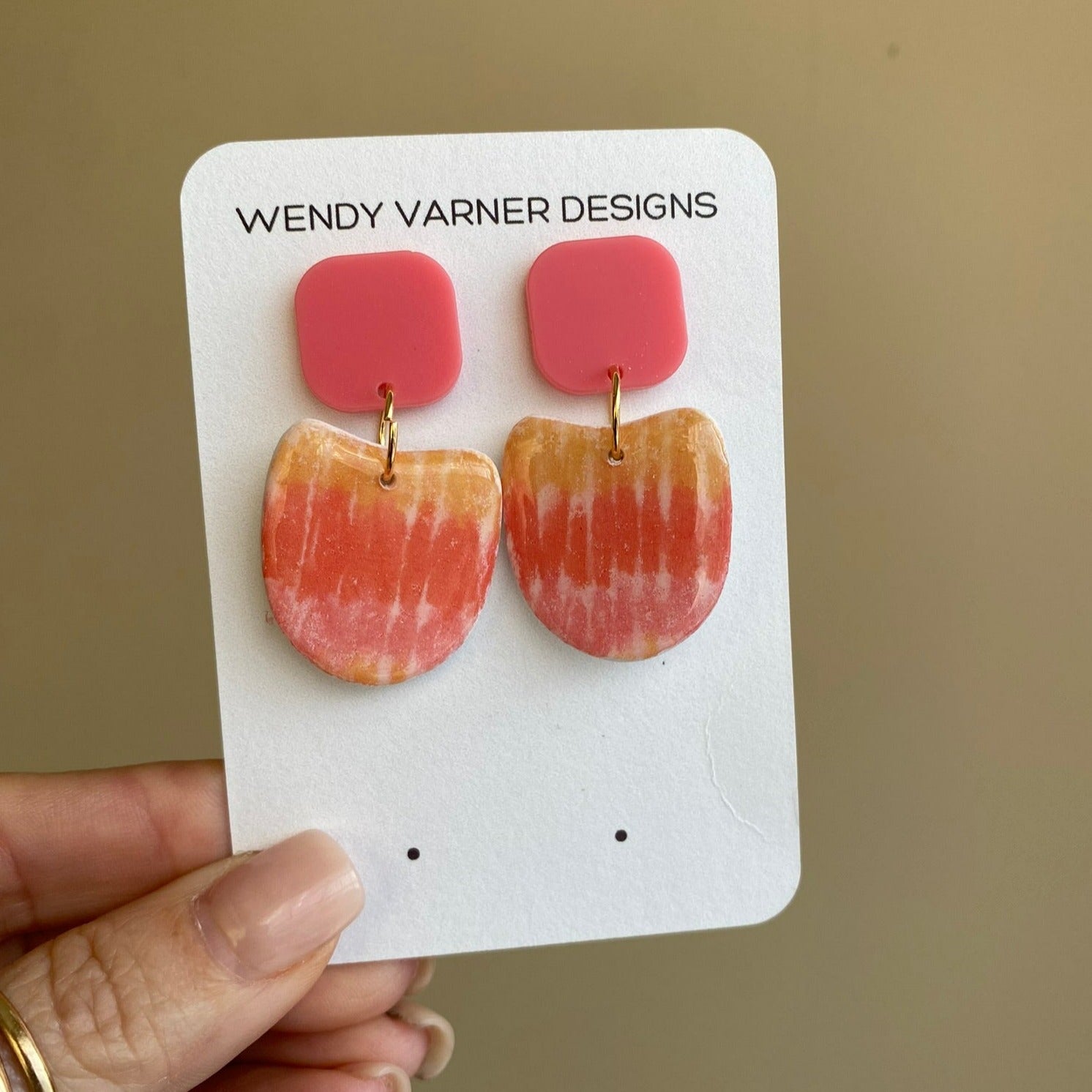 tie dye pink / orange / yellow polymer clay dangle earrings