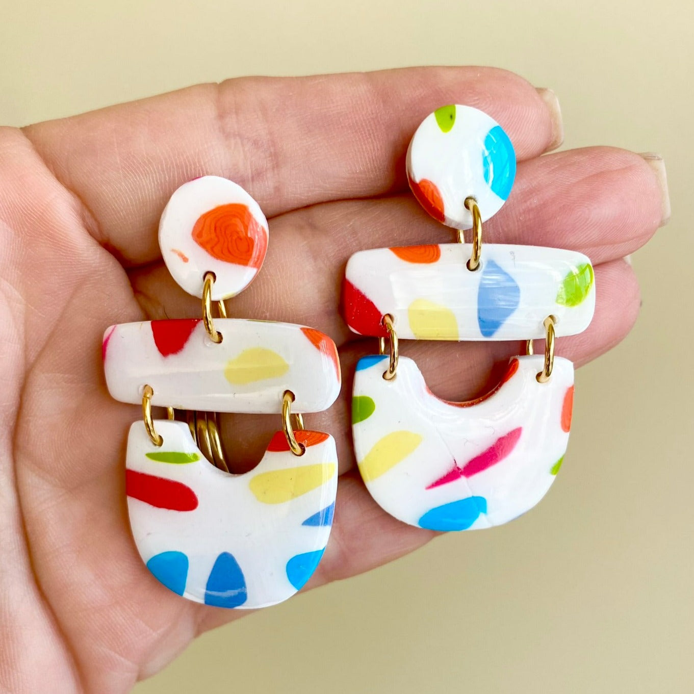 multi color playful rainbow polymer clay dangle earrings