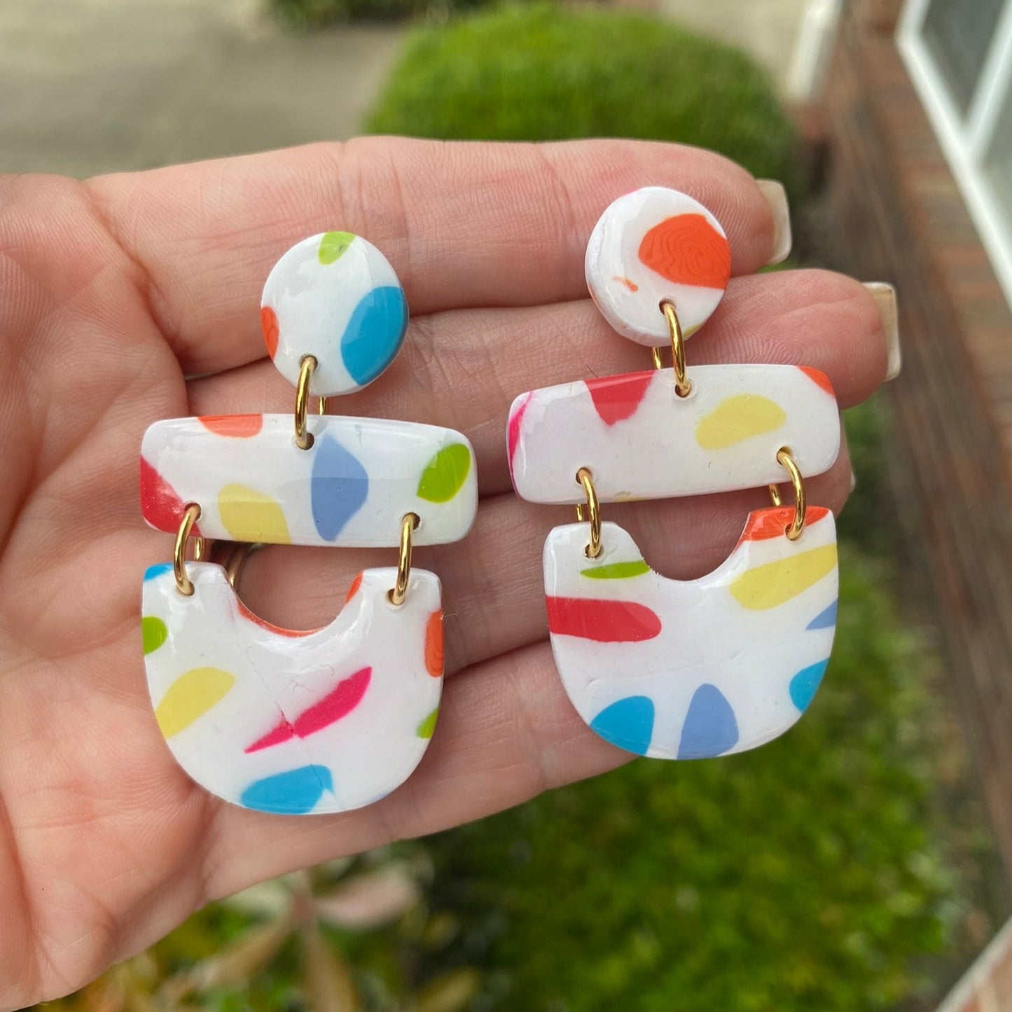 multi color playful rainbow polymer clay dangle earrings