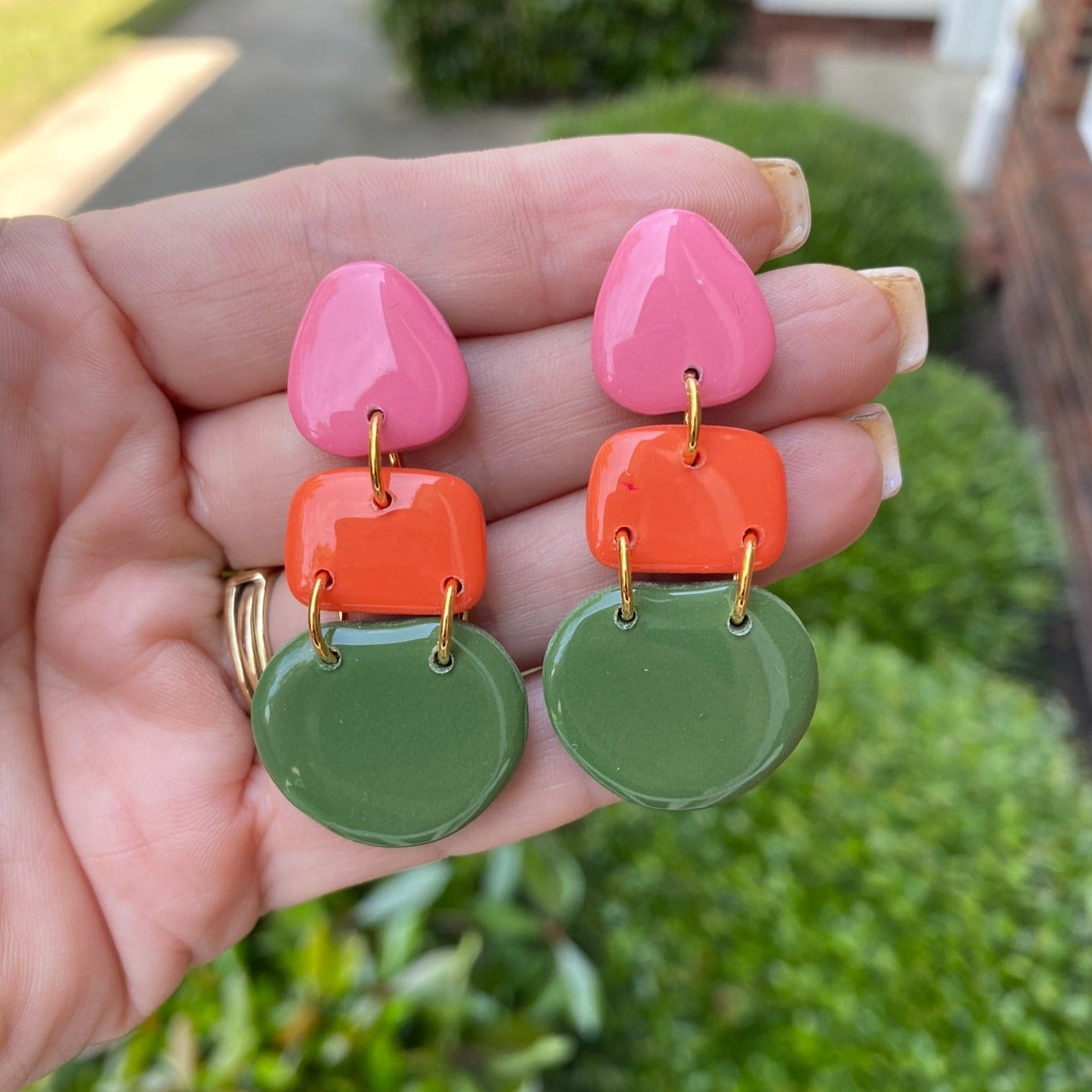 Springtime pink / orange / green polymer clay dangle earrings