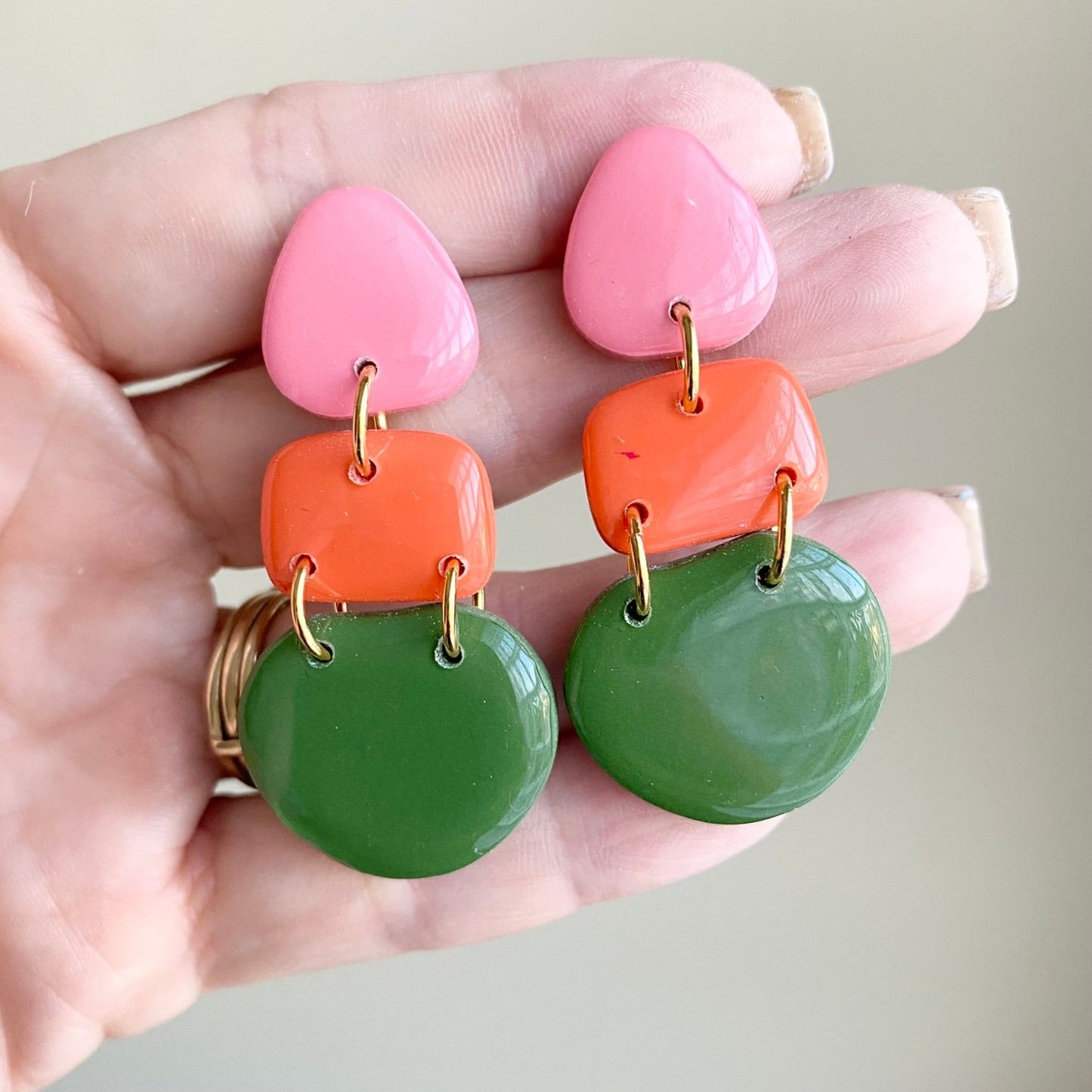 Springtime pink / orange / green polymer clay dangle earrings