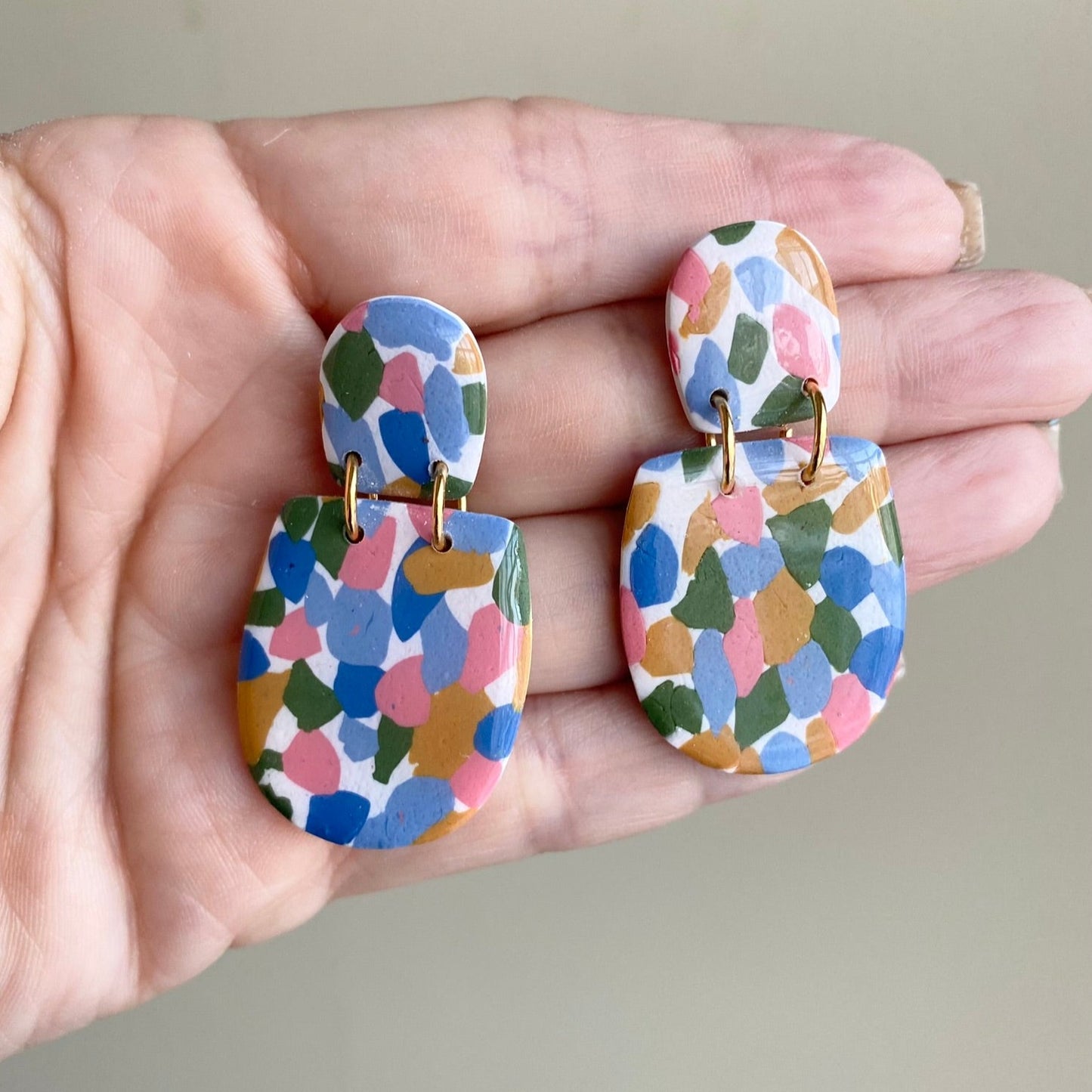 Random pattern artsy abstract pink / mustard yellow / blue / green polymer clay dangle earrings