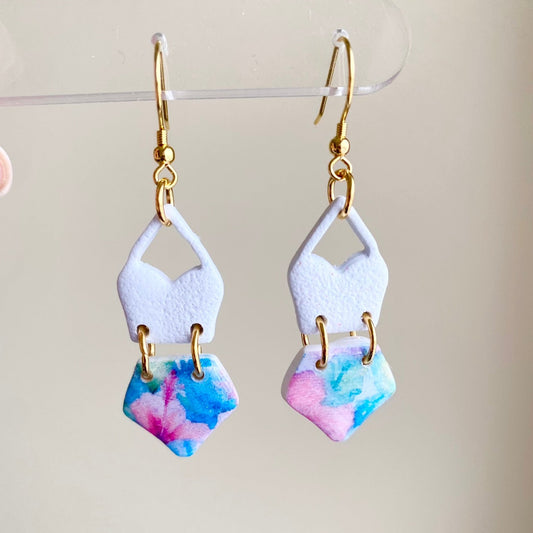 Summertime swimsuit blue / pink / turquoise blue tropical floral polymer clay dangle earrings