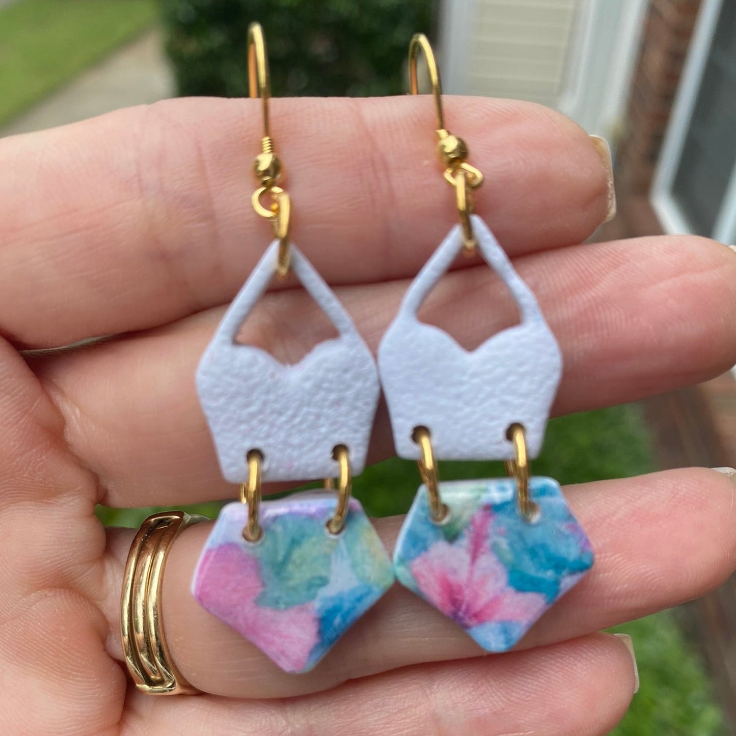 Summertime swimsuit blue / pink / turquoise blue tropical floral polymer clay dangle earrings