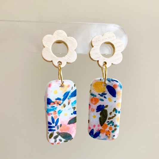 Summertime orange / yellow / blue tropical floral polymer clay dangle earrings
