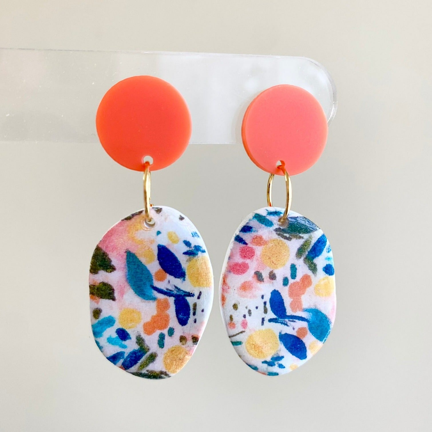 orange / yellow / blue tropical floral polymer clay dangle earrings