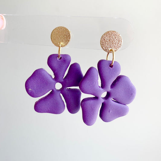 Eggplant purple hibiscus flower polymer clay dangle earrings