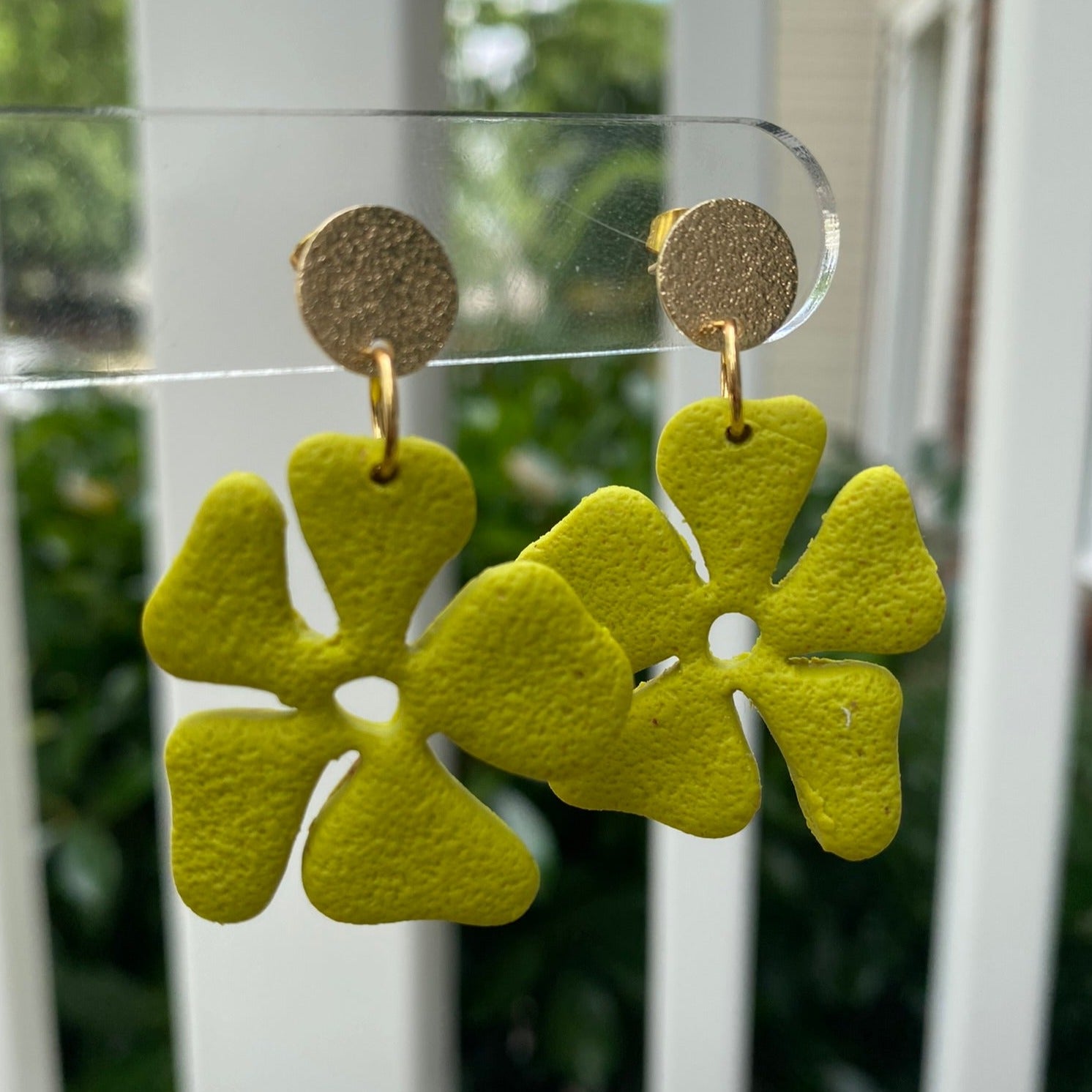 Citron yellow hibiscus flower polymer clay dangle earrings