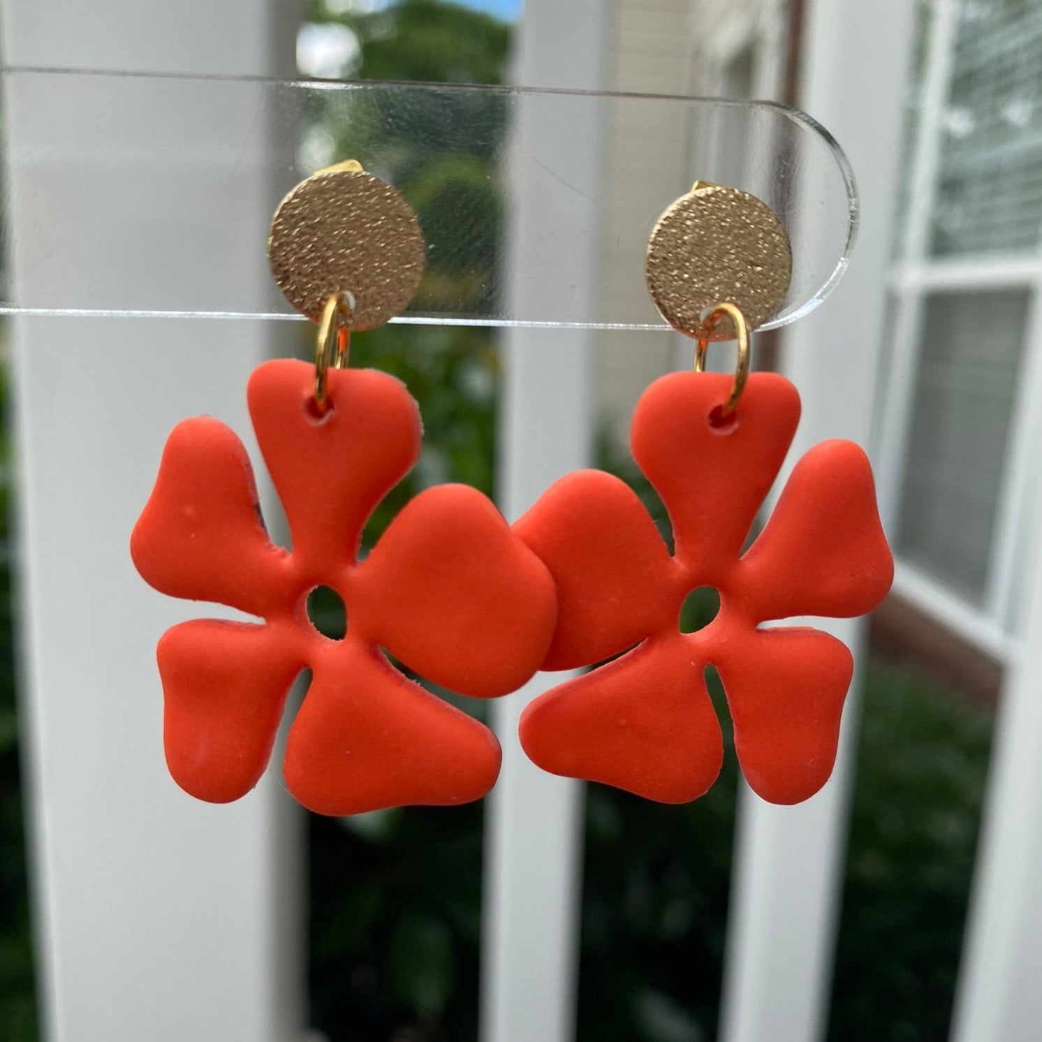 Mandarin orange hibiscus flower polymer clay dangle earrings