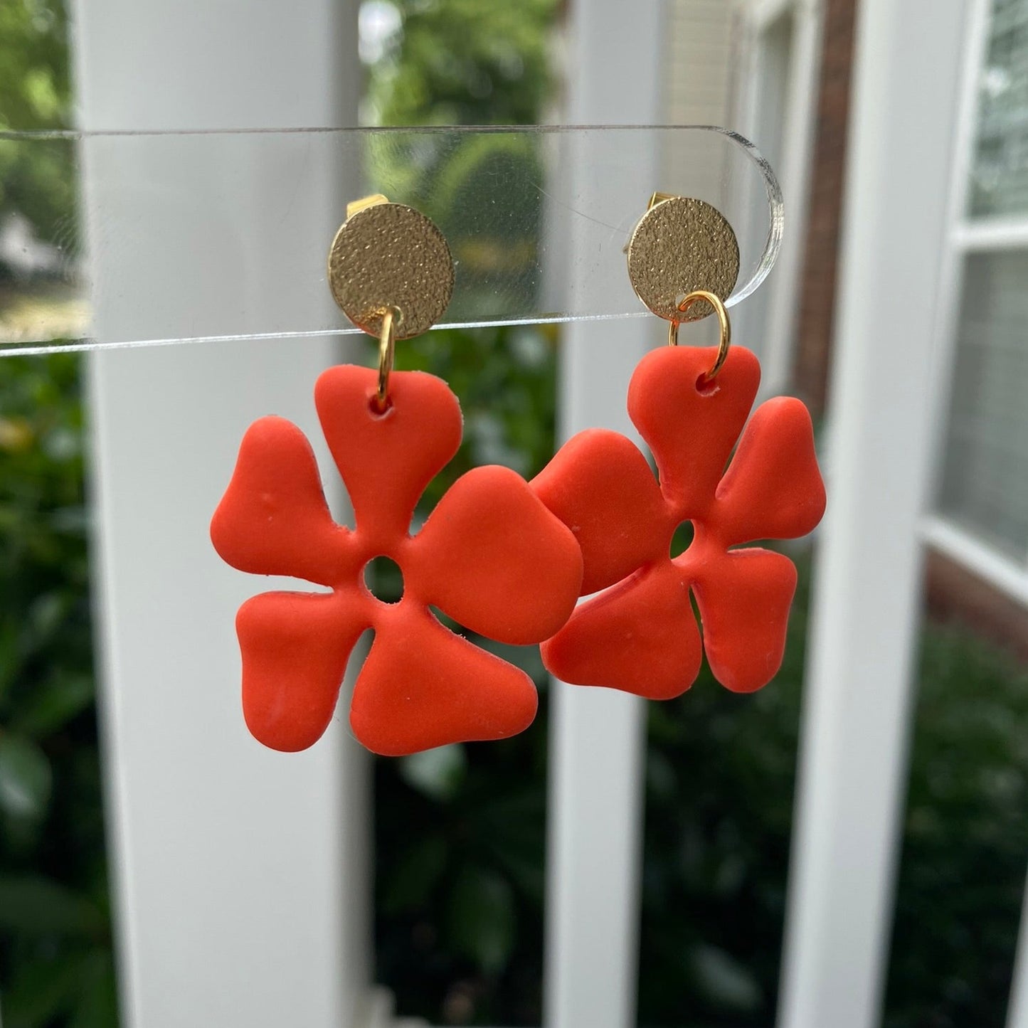 Mandarin orange hibiscus flower polymer clay dangle earrings