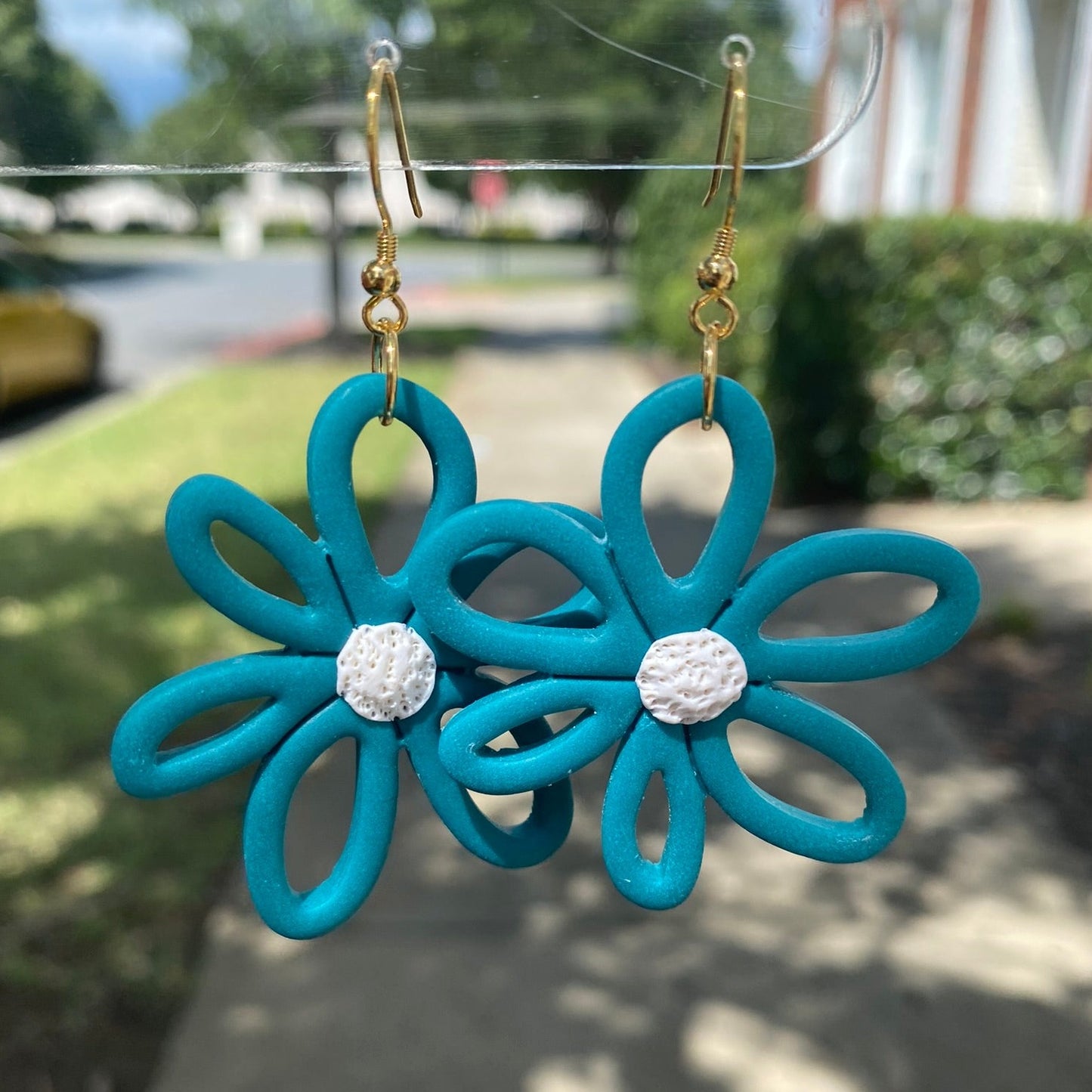 Sea glass blue colored flower daisy polymer clay dangle earrings