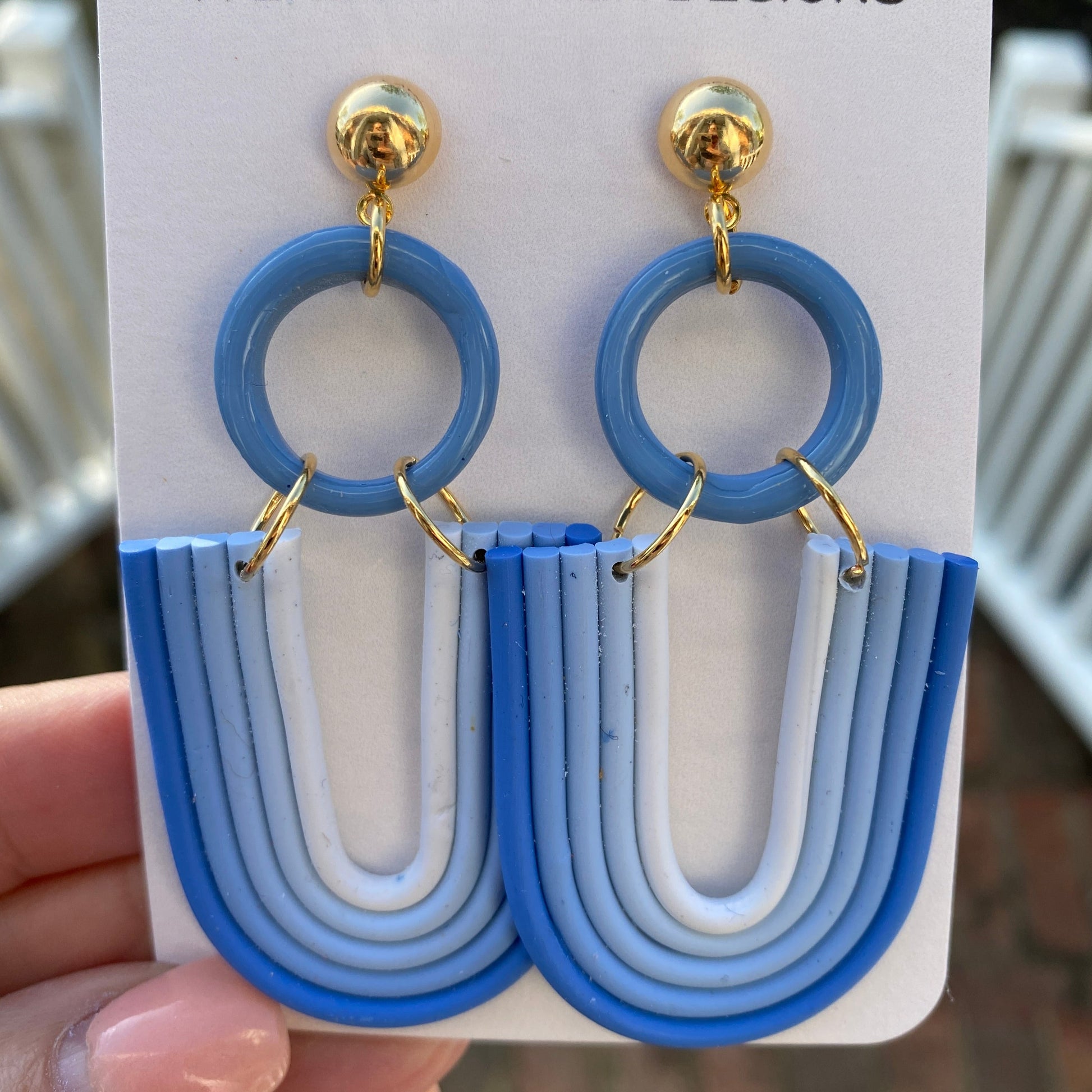 Spring Inspired Blue Ombre Rainbow Arch earrings made from polymer clay #0010 by Wendy Varner Designs 