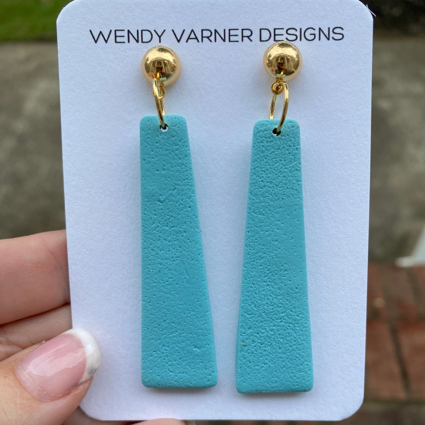 Summer Inspired light blue long trapezoid dangle polymer clay earrings 0072 by Wendy Varner Designs
