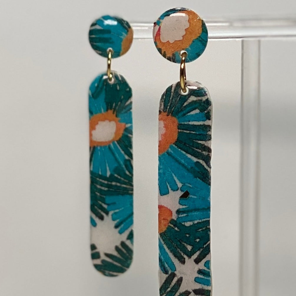  Fall Inspired marigold  teal  dark green polymer clay dangle earrings 0109 by Wendy Varner Designs