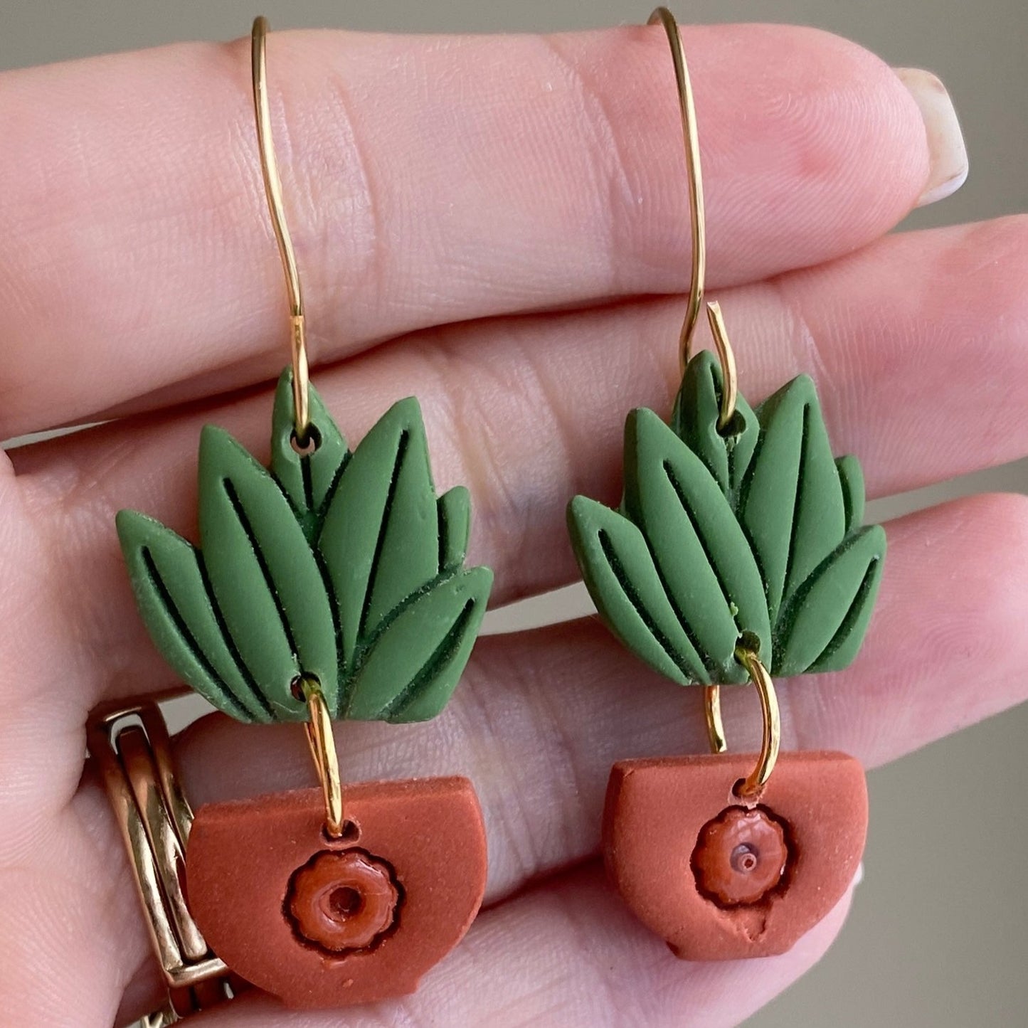   Pot and plant textured polymer clay dangle earrings 0125 by Wendy Varner Designs