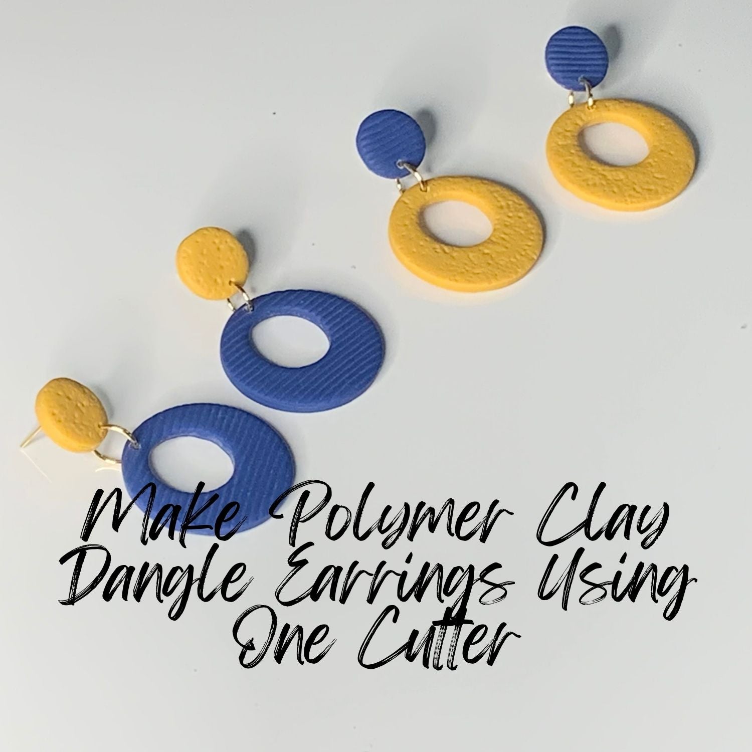 Pair of blue and yellow polymer clay dangle earrings on a white background with text overlay.