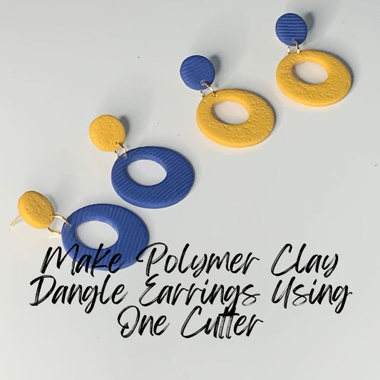 Pair of blue and yellow polymer clay dangle earrings on a white background with text overlay.