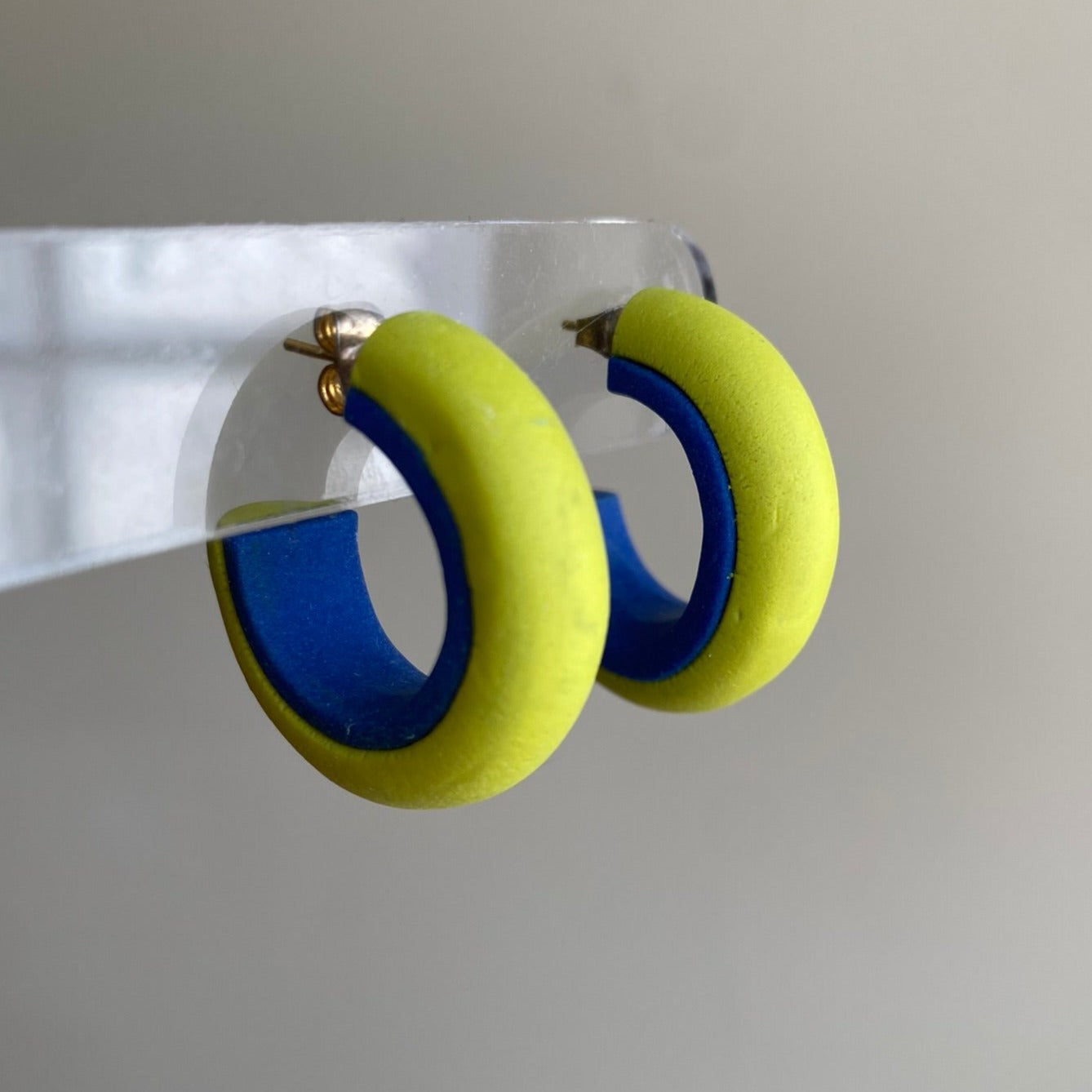 Polymer Clay Round Color Block Hoop Earrings in Yellow Blue