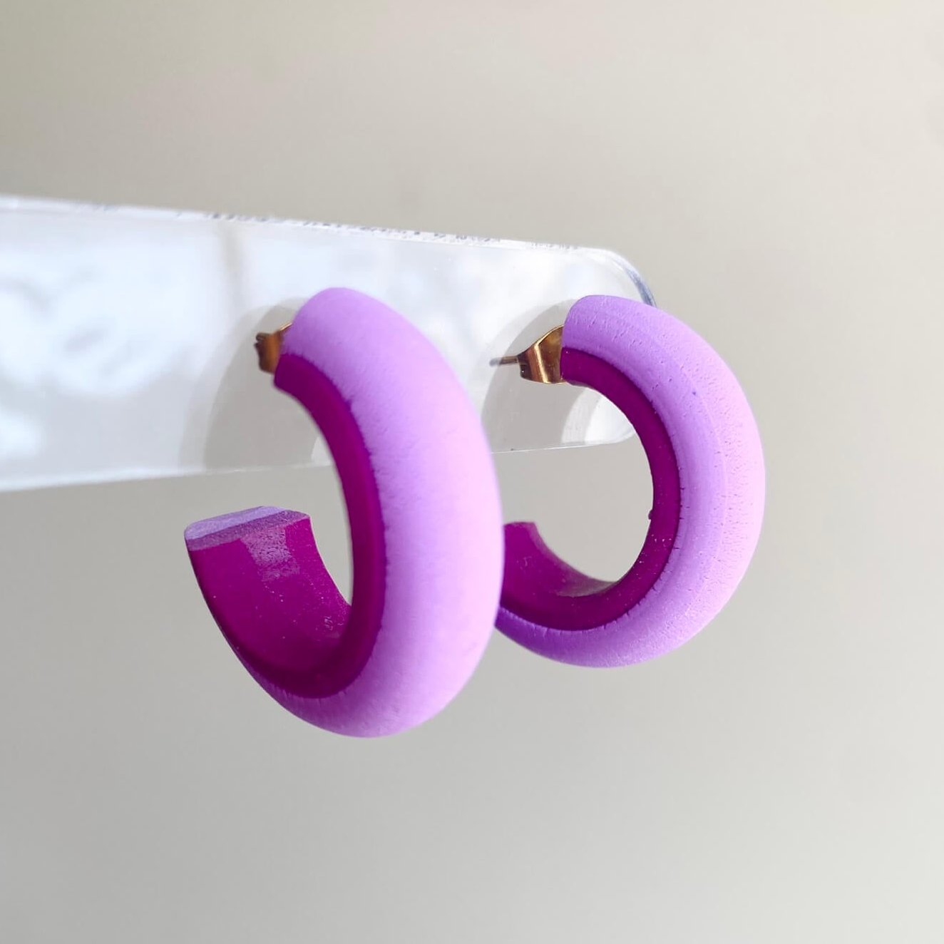 Polymer Clay Round Color Block Lavender and Turnip Purple Hoop Earrings