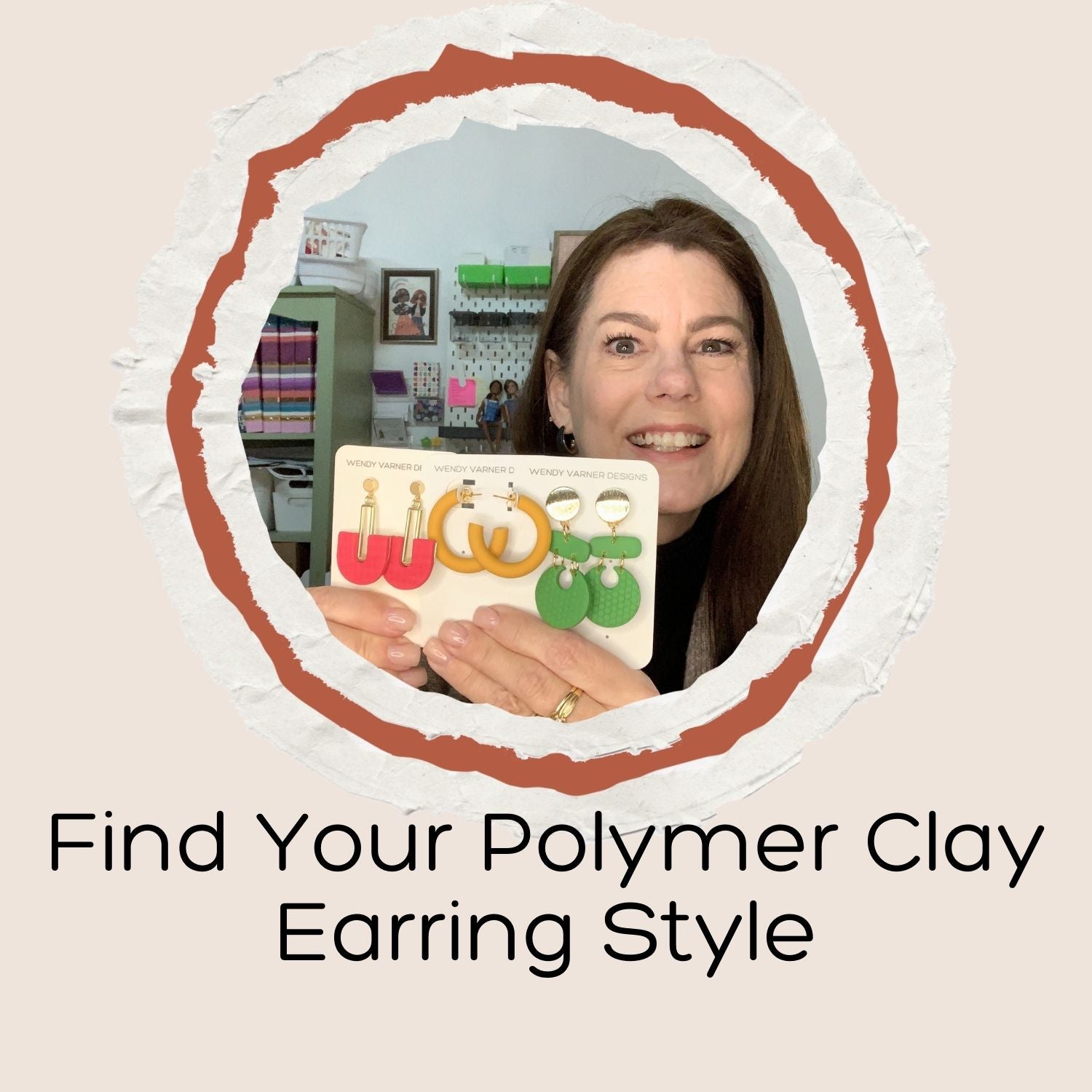 Woman holding a card with colorful polymer clay earrings in a craft room setting.