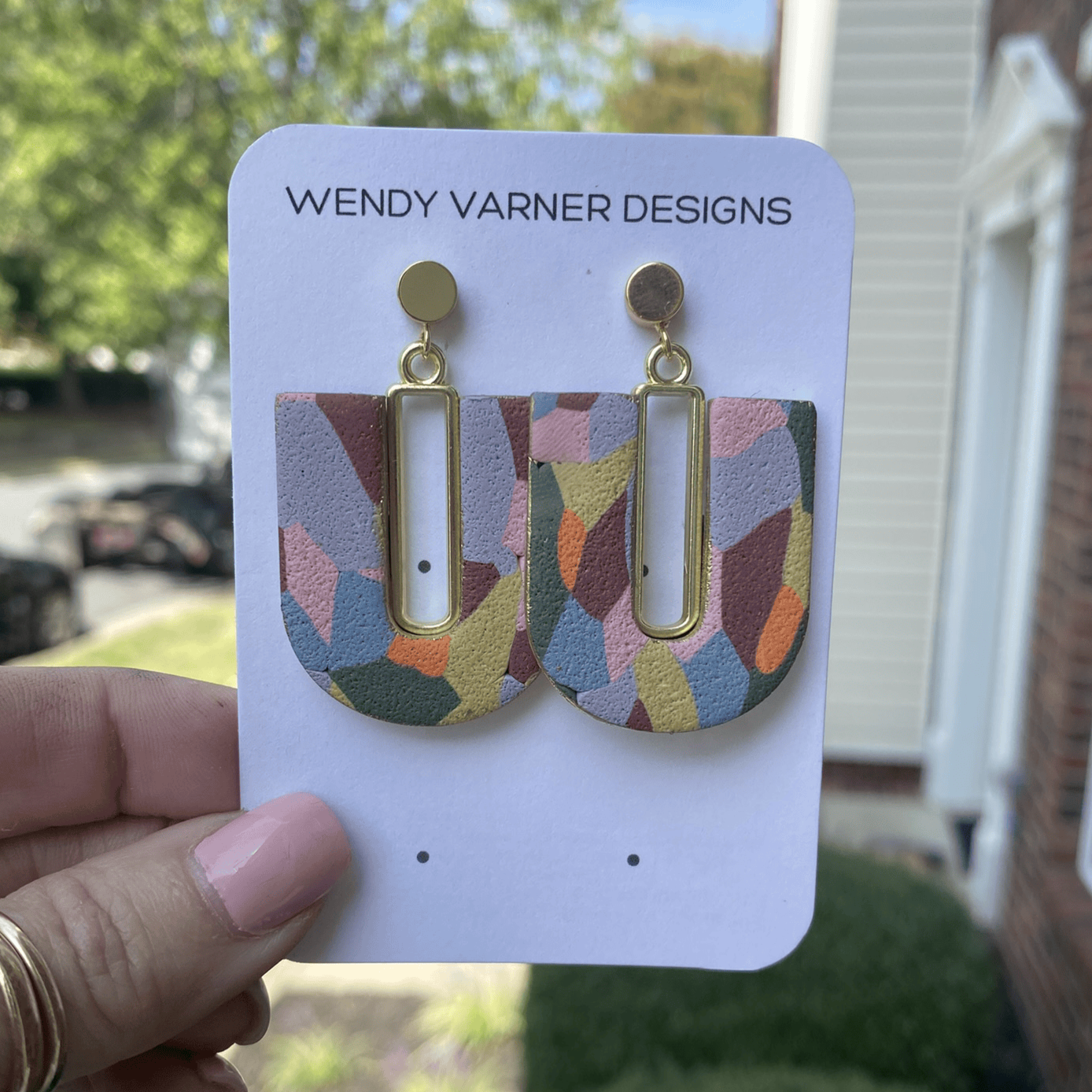 Handmade multicolored arch polymer clay earrings displayed on earring card – Wendy Varner Designs
