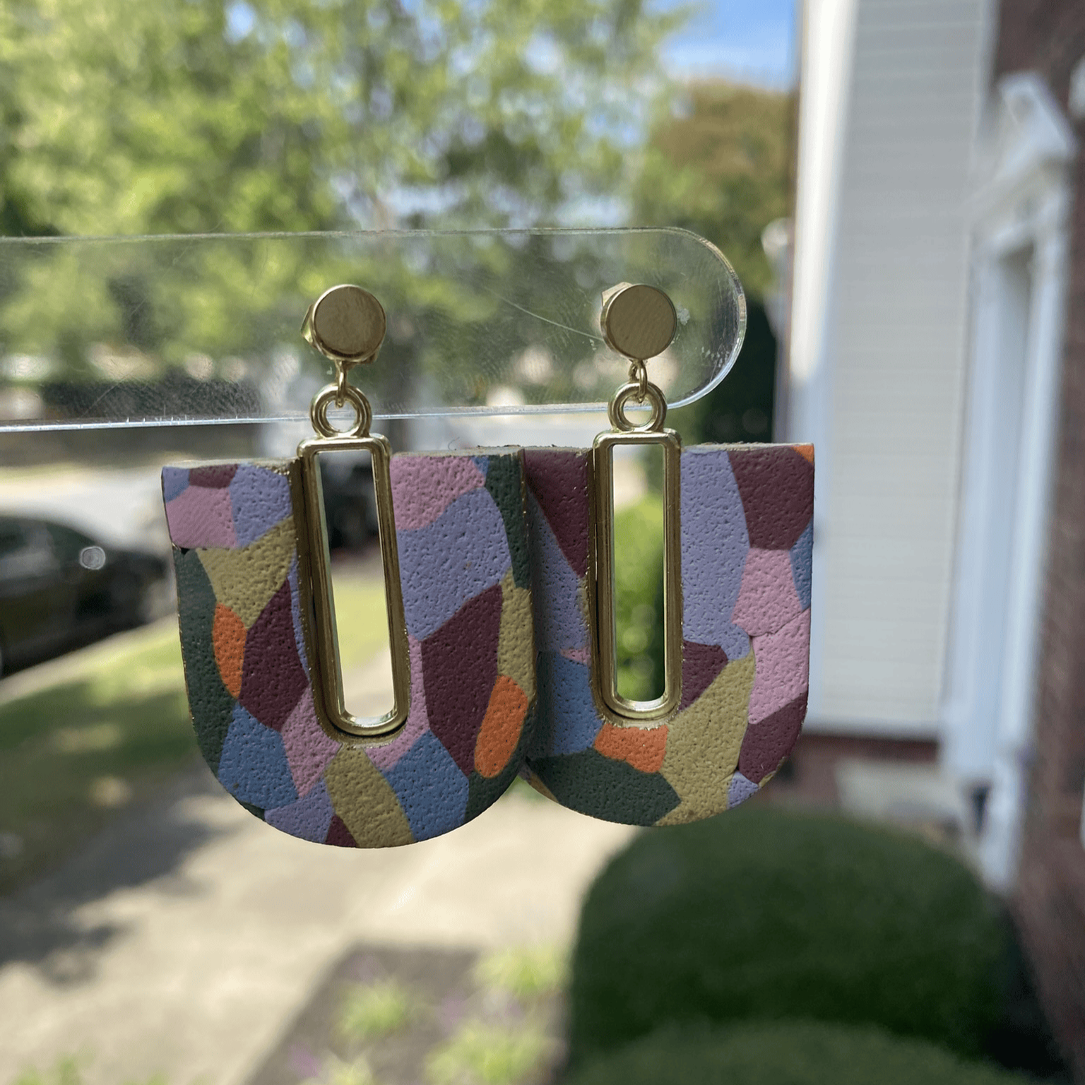 Autumn inspired hand-painted arch polymer clay earrings with gold accents – Wendy Varner Designs Charlotte NC